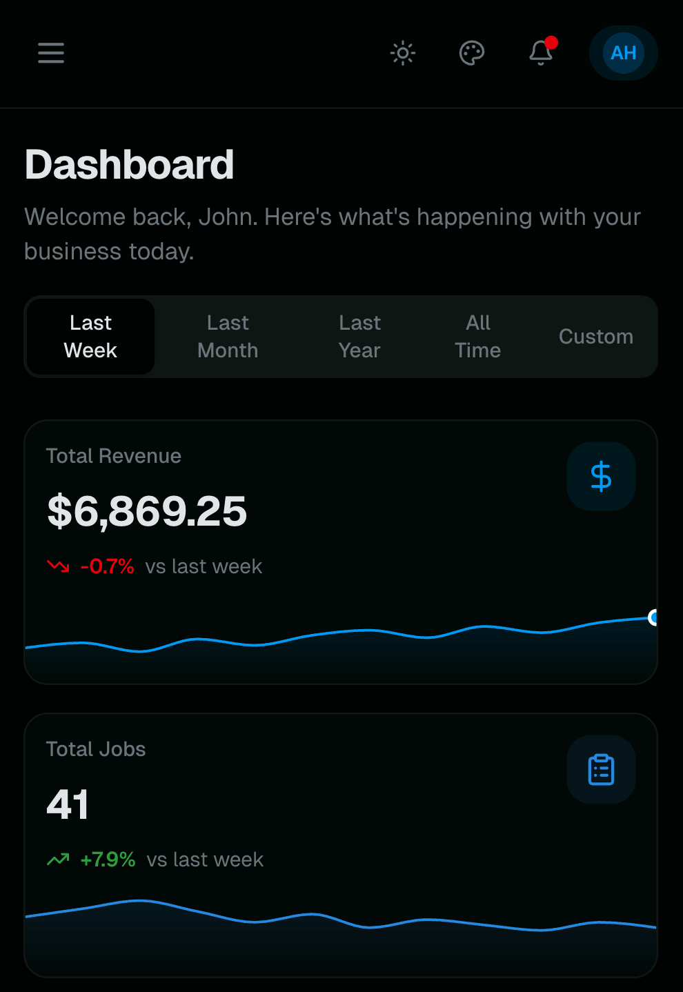 JobDeck mobile dashboard showing revenue and job metrics